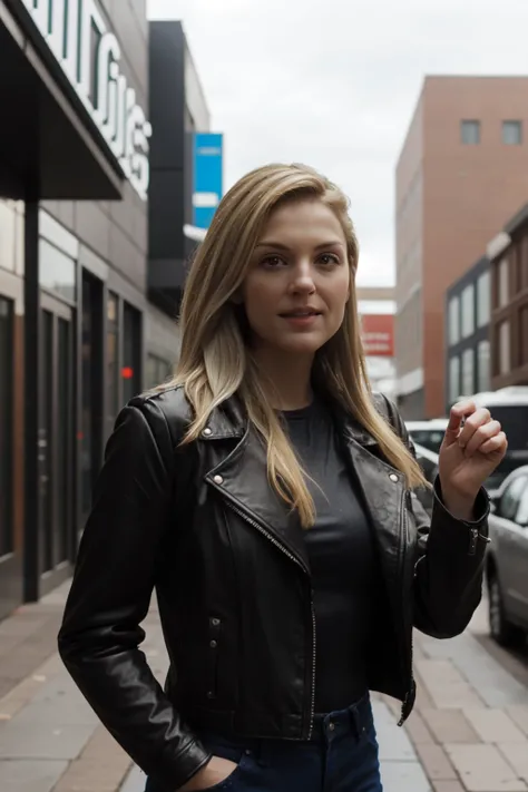 <lora:mondongo_LoRA_MaudeHirst:1> mndngwmn, blonde hair, wearing a leather jacket, on a city downtown, (ultra realistic, 8k,high quality)