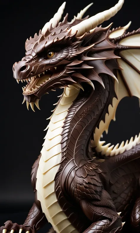 chocolate_dreams, a detailed and intricate chocolate dragon with white chocolate accents, expressive, sharp focus, cinematic, highly detailed, intricate, beautiful, delicate, illuminated glowing light, striking, firm, epic composition, clear, brilliant, co...