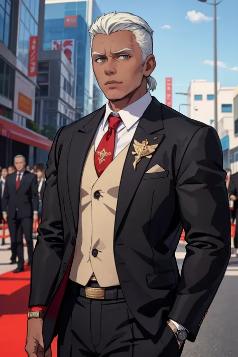 (masterpiece, best quality:1.2), (masterpiece, best quality:1.2), 1boy, upper body, walking, looking at viewer, <lora:DedueFE3H-bsinky-v1:0.75> defDedue, dark skin, formal, suit, necktie, wristwatch, red carpet event, crowd