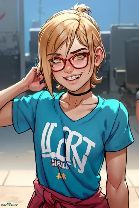 <lora:Darcy1.0:1> darcy, 1girl, red-framed eyewear, short hair, teeth, yellow eyes, blonde hair, smile, looking at viewer, choker,upper body, t-shirt,