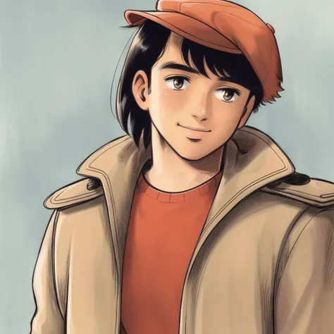 (masterpiece, best quality:1.3), 1boy, solo, looking at viewer, closed mouth, smile, Yabuki Joe, black hair, orange shirt, bangs, brown eyes, hat, orange hat, jacket, popped collar, open clothes, cap, trench coat  cowboy shot, <lora:Yabuki Joe:.7>