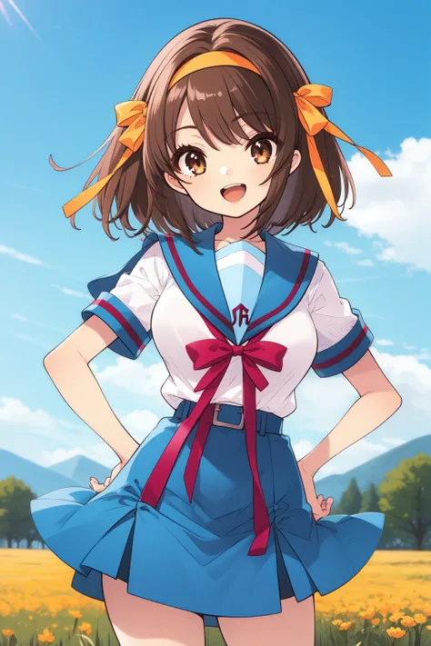 1girl, cowboy shot, field, smile, open mouth, 
haruhisuzumiya, brown eyes, brown hair, medium hair, hair ribbon, hairband, kita high school uniform, serafuku, sailor collar, white shirt, short sleeves, skirt, <lora:suzumiya_haruhi_lora_ver1:0.7>, best qual...