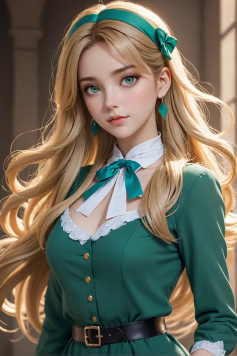 amazing quality, masterpiece, best quality, hyper detailed, ultra detailed,
1girl, medium breasts, elie macdowell, long hair, blonde hair, green eyes,hairband, blue ascot, hair ribbon, long sleeves, belt, pantyhose, white boots,