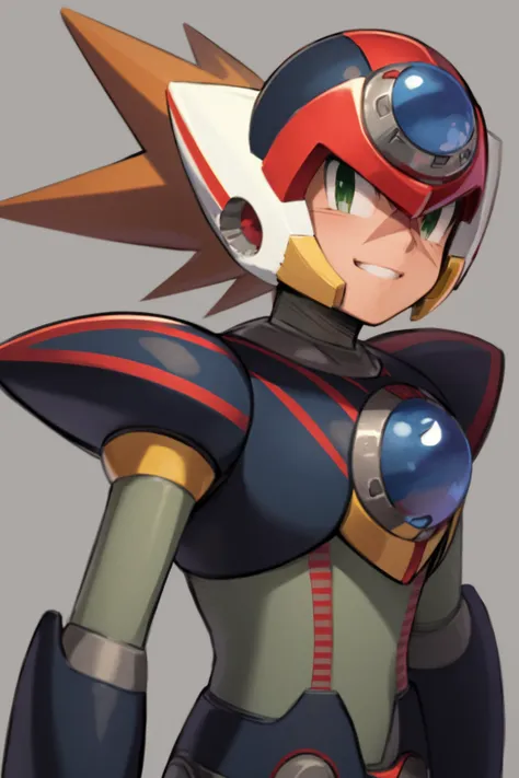 masterpiece, best quality,
1boy, axl, brown hair, hair between eyes, green eyes, helmet, scar, android, armor, closed mouth, robot,
smile,  upper body, solo, looking at viewer, simple background, solid grey background <lora:Axl:1>