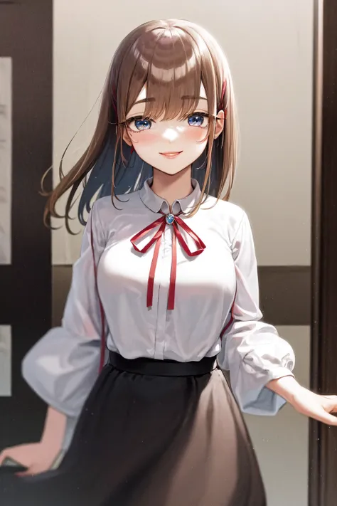 masterpiece, best quality, highres, 1girl kusakabe hiyori brown hair, black skirt neck ribbon red ribbon jewelry white dress <lora:kusakabe_hiyori_d32:1> smile