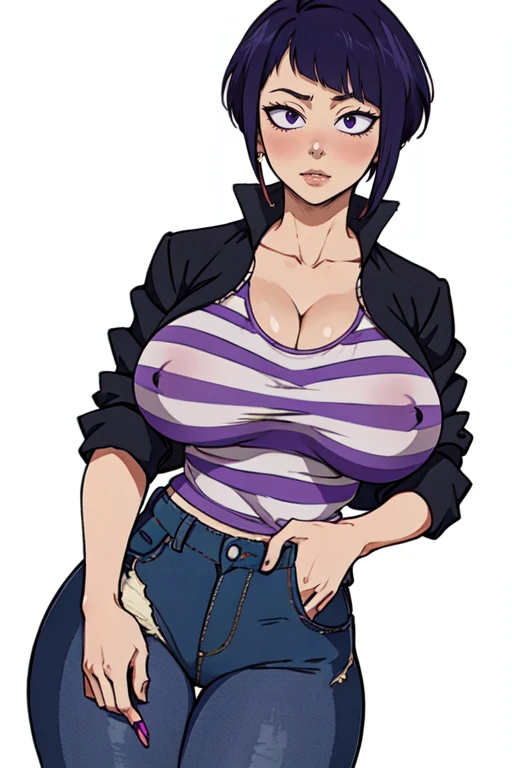 masterpiece,best quality,extreme detail,8k,white background,<lora:jirou:0.7>,jirou2, 1girl, solo, breasts, looking at viewer, blush, short hair, shirt, cleavage, jacket, purple hair, striped, pants, huge breasts, striped shirt, black eyes