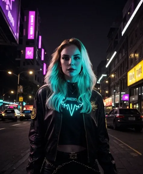 paolla, eyeliner, pale skin, long hair, perfect gorgerous face, cyberpunk, beautifull lights, neon in background, gloing lights, intrincate details, dragon tatoos, 3d tatoo, perfect smile, futuristic san francisco in background, using eletronic devices, mi...