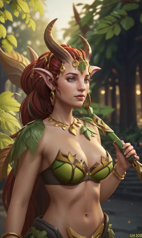 enchdota2023, 1girl, centaur, horns,  fantasy setting, 8k, uhd, photorealistic, masterpiece, detailed skin, skin pores, intricate, depth of field, city, leaf bra, leaf armor, druid,