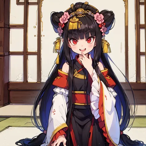 masterpiece, anime screencap, 1 girl, solo, long hair, black hair, red eyes, black chinese clothes, head ornament, smug, teeth, hand on face, blood stains, blood, maniatical laughter, ((full body)), indoors, chinese palace, cowboy shot  <lora:chao feng:1>