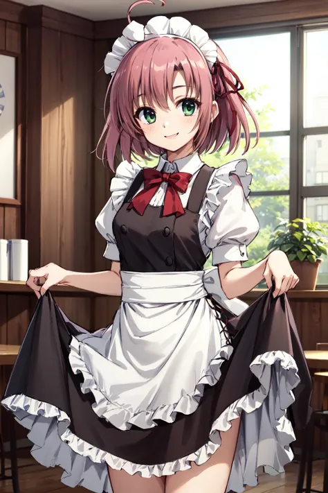 masterpiece,best quality,highres,ultra-detailed,aakurimu,short hair,ahoge,bangs,hair ribbon,<lora:sakurano_kurimu:0.7>,indoors,cafe,maid,maid headdress,apron,(skirt hold:1.2),standing,cowboy shot,smile,