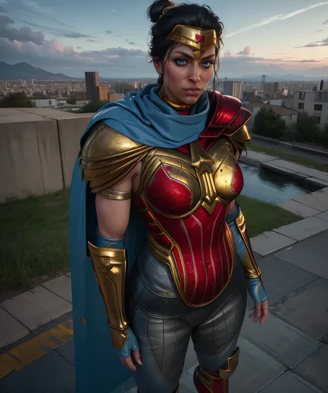 diana,black hair,blue eyes,hair bun,short hair,
red chest plate,gold trim,single shoulder pad,gold headband,blue cape,
standing,serious,looking at viewer,
metropolis,morning,cityscape,
(insanely detailed, masterpiece, best quality),solo,<lora:wonderwomanSQ...