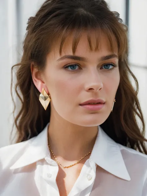 A beautiful p4ul1n4p woman,  1girl,solo,long hair,looking at viewer,blue eyes,brown hair,shirt,jewelry,white shirt,earrings,lips,traditional media,portrait,realistic,soft lighting, professional Photography, Photorealistic, detailed, RAW, analog, sharp focu...