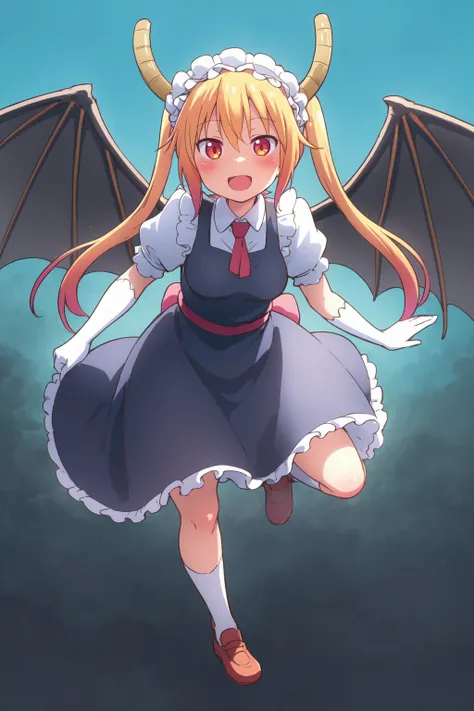 <lora:TooruV1:0.7>
Tooru, 1girl, :d, blonde_hair, blue_sky, dragon_horns, full_body, gloves, gradient, gradient_background, horns, long_hair, looking_at_viewer, maid_headdress, open_mouth, sky, smile, solo, tail, tohru_(maidragon), twintails, white_gloves,...