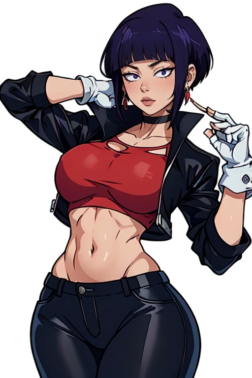 masterpiece,best quality,extreme detail,8k,(white background),<lora:jirou:0.7>,jirou2,1girl,solo,breasts,looking at viewer,short hair,bangs,shirt,gloves,holding,black eyes,jacket,upper body,purple hair,open clothes,choker,white gloves,fingerless gloves,ope...