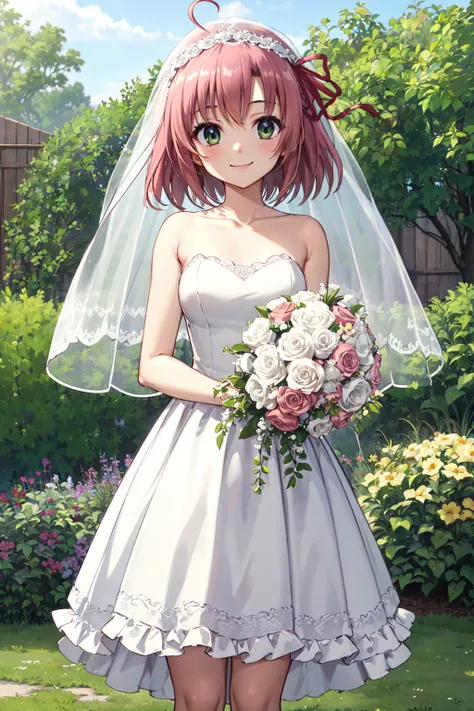 masterpiece,best quality,highres,ultra-detailed,aakurimu,short hair,ahoge,bangs,hair ribbon,<lora:sakurano_kurimu:0.7>,(wedding dress:1.2),white dress,(veil:1.2),garden,smile,outdoors,standing,cowboy shot,holding bouquet,