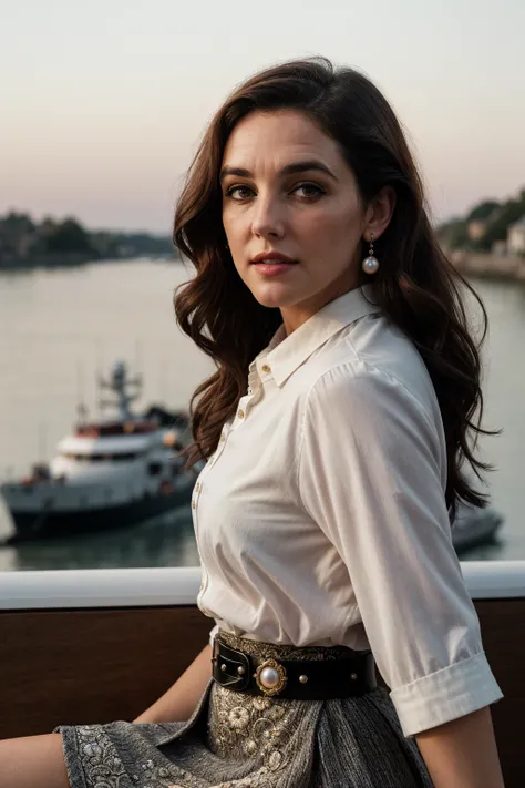 photo of (EPB3tth4nyHugh3s:0.99), closeup portrait, perfect hair, (modern photo, Classic Chic: A white collared shirt tucked into a black flared skirt. Accessorize with a wide belt and pearl jewelry for a timeless and sophisticated ensemble.|baroque Mantua...