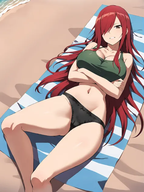 <lora:Erza12:0.7>,Erza,  red hair, navel,  crop top, black panties, tank top, collarbone, 1girl, bare shoulders, midriff,cleavage, hair over one eye, large breasts, underwear, long hair,animerza,
beach, sunset, full body, looking at viewer, laying down, ,c...