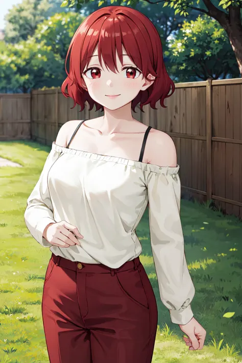 masterpiece, best quality, highres, aaakina, short hair, collarbone, bare shoulders, off-shoulder shirt, white shirt, long sleeves, red pants,  <lora:kubo_akina_v1:0.7>, smile, standing, cowboy shot, outdoors,