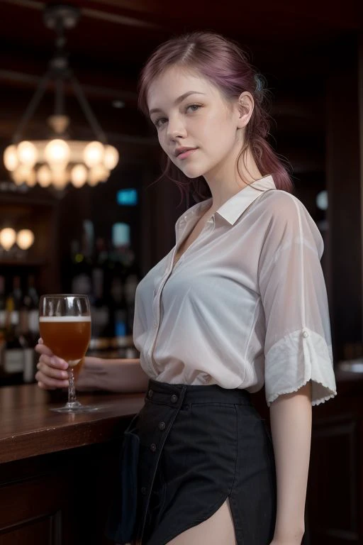 Merger_flajia_bloom,
working in a dark atmospheric bar, working behind the bar, pulling pints, bar, dark wood bar, atmospheric, wearing a shirt and tie and skirt,
bokeh, f1.4, 40mm, photorealistic, raw, 8k, textured skin, skin pores, intricate details  <lo...