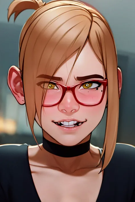 <lora:Darcy1.0:0.85> darcy, 1girl,solo,  red-framed eyewear, teeth, yellow eyes,short ponytail,mole under eye, blonde hair, looking at viewer, choker,upper body, face,