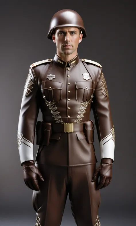 chocolate_dreams, a detailed and intricate image of a man in a chocolate soldier uniform with white chocolate accents,, expressive, sharp focus, cinematic, highly detailed, intricate, beautiful, delicate, illuminated glowing light, striking, firm, epic com...