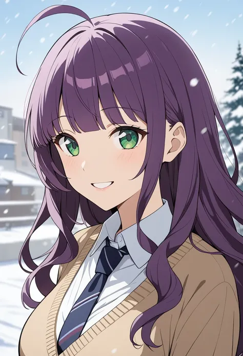 1girl, solo, 
long hair, wavy hair, purple hair, green eyes, blunt bangs, large breasts, sweater, collared shirt, necktie, smile, ahoge,
snow, snowing, blurry background, simple background, wind, anime coloring, portrait, 
masterpiece, best quality,