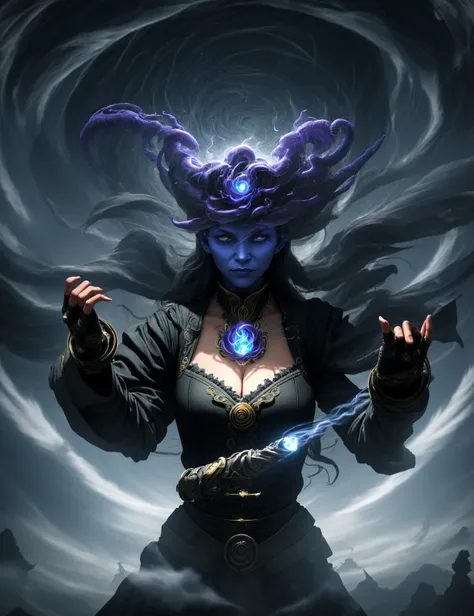 awesome quality,masterpiece, dynamic,close up, DonMM4g1c caster, female witch, air manipulation (controlling wind and air currents)  Channeling voodoo shaped like Whirlpool of dustyrose umbra ice and disorder manipulation   <lora:myLoraDonMM4g1c-v2.1rb:0.8...