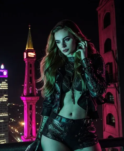 paolla, eyeliner, pale skin, long hair, perfect gorgerous face, cyberpunk, beautifull lights, neon in background, gloing lights, intrincate details, dragon tatoos, 3d tatoo, perfect smile, futuristic san francisco in background, using eletronic devices, mi...