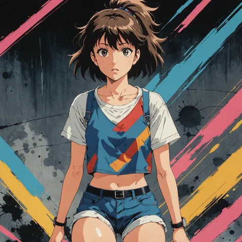 80s anime screencap, girl wearing a cropped top and short shorts, artistic rendition with wide brush strokes, anime comic