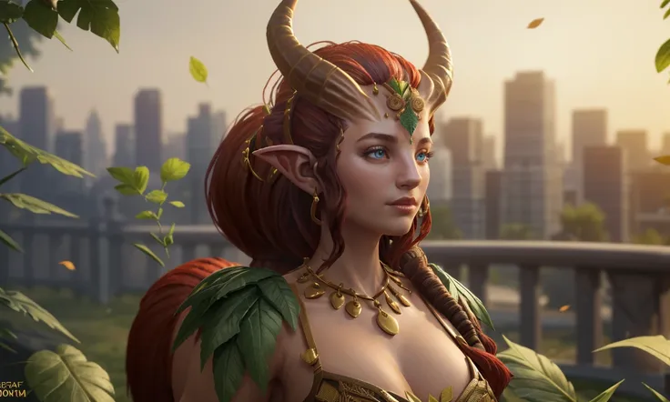 enchdota2023, 1girl, centaur, horns,  fantasy setting, 8k, uhd, photorealistic, masterpiece, detailed skin, skin pores, intricate, depth of field, city, leaf bra, leaf armor, druid,