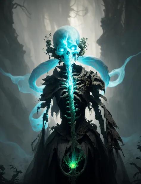 awesome quality,masterpiece, dynamic,close up, DonMM4g1c caster, female mystic, plant manipulation  death magic spectral, skeletal, wreathed in a cold ethereal light, shadows cling to it, tattered, sense of finality emanates, chilling the air, ghostly whis...