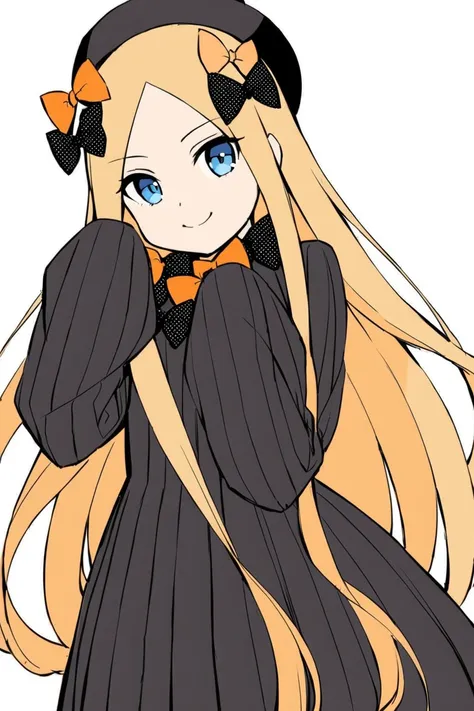 linegirl style,1girl, solo, abigail williams (fate), orange bow, long hair, blonde hair, bow, blue eyes, hat, hair bow, sleeves past wrists, looking at viewer, parted bangs, black bow, black headwear, sleeves past fingers, dress,  black dress, polka dot bo...