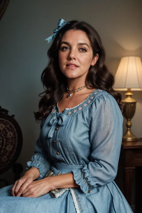 photo of (EPB3tth4nyHugh3s:0.99), closeup portrait, perfect hair, (modern photo, Chambray collared shirt worn untucked with a denim flared skirt and white sneakers.|baroque Hoop Skirts, Embroidery and Brocade, Ribbon and Bow Accents, Stomacher Embellishmen...