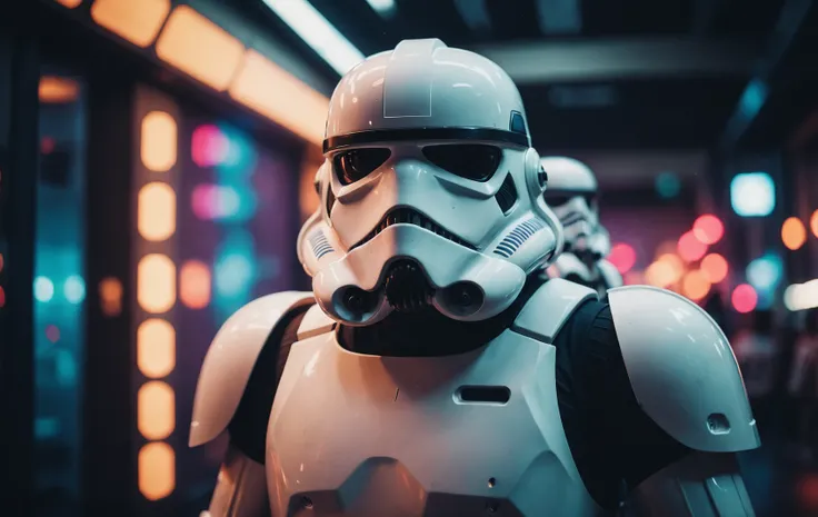 cinematic film still, Storm Trooper, colored lights, amazing quality, wallpaper, analog film grain <lora:aesthetic_anime_v1s:0.5>  <lora:add-detail-xl:1.1>