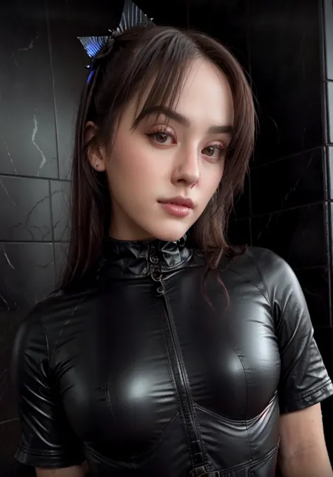 hyperrealistic art {Hyper realistic Cybernetic goth girl jules_ari with a ((flat chest))}, leather high collar buttoned shirt, extremely high-resolution details, photographic, realism pushed to extreme, fine texture, incredibly lifelike, <lora:jules_ari-15...