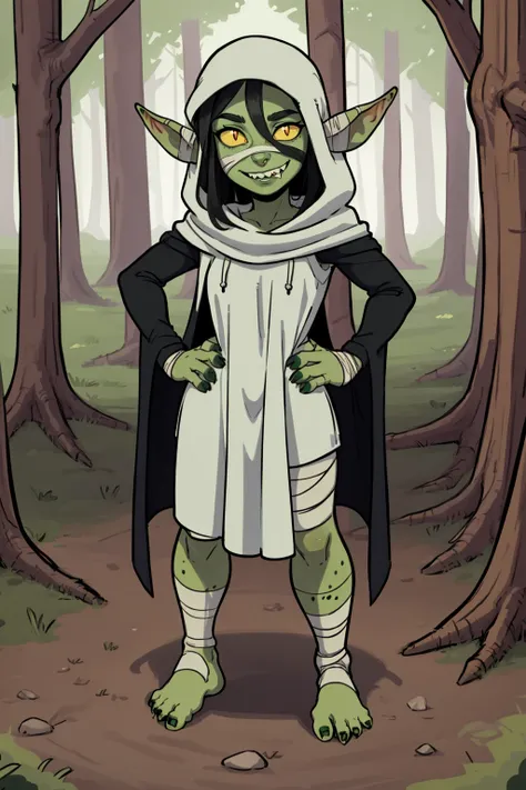 masterpiece, best quality,
1girl, nott, black hair, yellow eyes, colored sclera, pointy ears, colored skin, green skin, shortstack, bandages, hood, barefoot, sharp teeth,
smile, standing, full body, hands on hips, solo, looking at viewer, trees, forest bac...