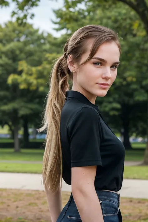 portrait of S320_NatalieKnight,a gorgeous woman,in a (park:1.1),wearing a (short-sleeve-shirt:1.1),(ponytail),(4k, RAW photo, best quality, depth of field, ultra high res:1.1),(absurdres, intricate, photorealistic, masterpiece, ultra-detailed:1.1),