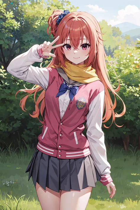 masterpiece, best quality, cowboy shot, looking at viewer, smile, meguru inaba, long hair, one side up, hair scrunchie, school uniform, yellow scarf, pink jacket, bow, grey skirt, black socks, loafers, peace sign, outdoors, grass, <lora:meguru_inaba_v):1>