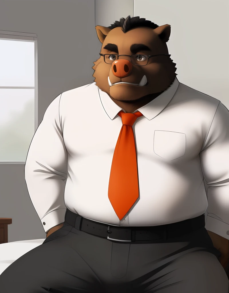 (((detailed eyes, detailed face))), (furry, botan <lora:character_botan_findigo_v2:1>, brown fur, black hair, mohawk, tusks, boar, old man), male, (solo), (plump, fat, chubby, overweight), (white shirt, black pants, orange necktie, belt, small glasses), si...