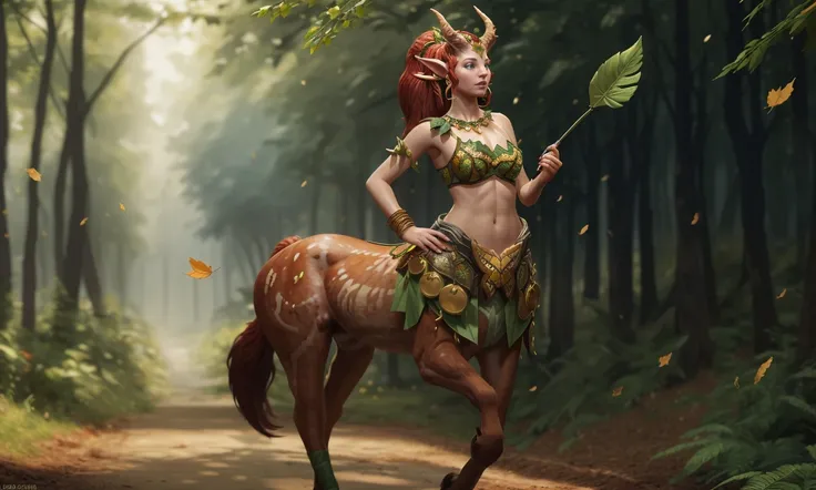 enchdota2023, 1girl, centaur, horns, fantasy setting, 8k, uhd, photorealistic, masterpiece, detailed skin, skin pores, intricate, depth of field, leaf bra, leaf armor, druid, walking in new york, full body, raw image, 4 hooves