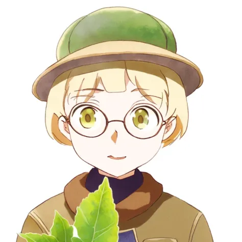 anime, studio ghibli, masterpiece, close up, masterpiece, best quality, bokeh, cute, 1girl, solo, beret, hair clip, beige hair, round eyewear, brown jacket, turtleneck sweater, upper body, looking at viewer, yellow eyes, closed mouth, leaf, white backgroun...