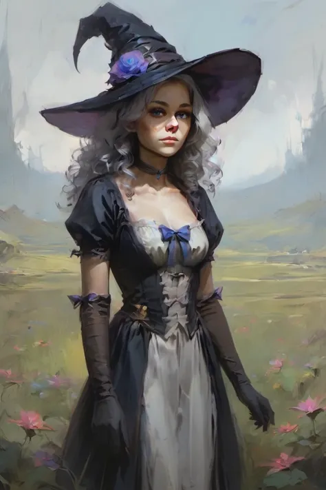 score_9, score_8_up, score_7_up, 1girl, witch hat, hat, solo, long hair, flower, dress, choker, puffy sleeves, looking at viewer, grass, white dress, bow, hat bow, white hair, black choker, plant, outdoors, blue eyes, purple eyes, black headwear, bangs, lo...