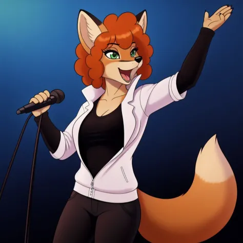 <lora:allisa:0.5>
solo, 1girl, female, masterpiece, 4 fingers,
allisa, green eyes, milf, fox, tan fur, orange hair, curly hair, tan fox tail,
full body, black shirt, white jacket, black sleeves, black pants, singing, holding microphone, 1 microphone