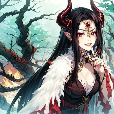 masterpiece, anime screencap, 1 girl, solo, black hair, red eyes, forehead jewel, horns, woman, mature, black clothes, chinese clothes, cleavage, full body, finger on face, smile, outdoors, graveyard, cowboy shot  <lora:Xing hai:1>