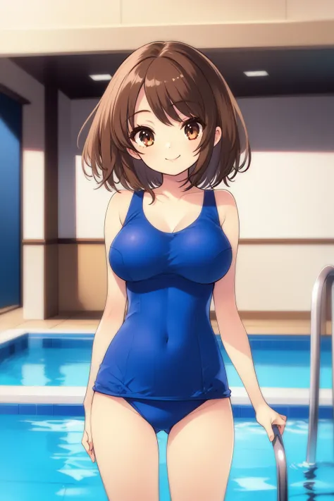 1girl, cowboy shot, pool, smile,
haruhisuzumiya, brown eyes, brown hair, medium hair, school swimsuit, <lora:suzumiya_haruhi_lora_ver1:0.7>, best quality, masterpiece, highres, <lora:GoodHands-vanilla:1>