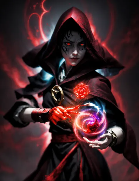 awesome quality,masterpiece, dynamic,close up, DonMM4g1c caster, female blood mage  Exercising abracadabra shaped like Rune of dustyrose volatile radiation and dark magic   <lora:myLoraDonMM4g1c-v2.1rb2:0.8>