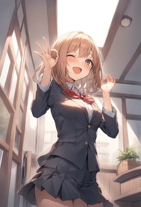 1girl, <lora:sdxl2-flat2-512b:-1>,medium breasts,school uniform,
<lora:oksignXLv1:0.6>,ok sign, ceiling, cowboy shot, looking up, laugh, balcony, open mouth,
best quality,medium quality,