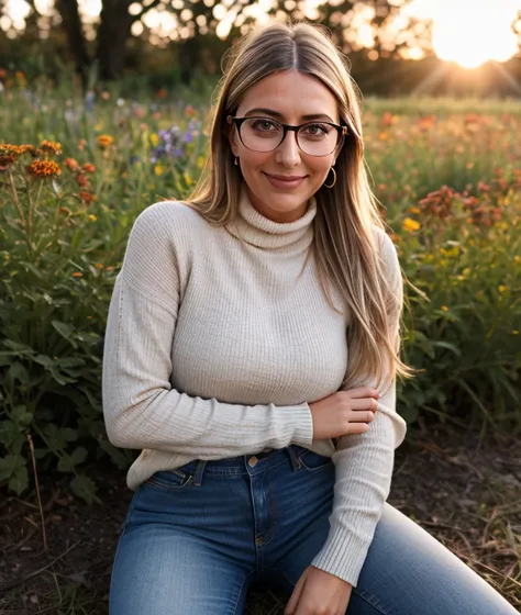 <b3llr0s>,   1girl, upper body, nature, outdoor, Colorful flowers, undergrowth, warm light, sunset, breast, smile, intricate, (detailed eyes), Jeans, shirt, turtleneck, Glasses