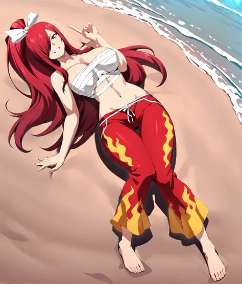 <lora:Erza12:0.9>,Erza,  red hair, navel,flame pants, collarbone, 1girl, bare shoulders,cleavage, hair over one eye, large breasts, long hair,bandages, chest sarashi,cleavage,white ribbon
,beach, full body, looking at viewer, laying down,on back, slightly ...