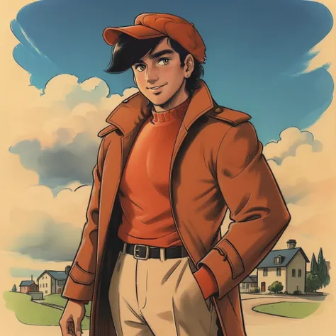 (masterpiece, best quality:1.3), 1boy, solo, looking at viewer, mature man, closed mouth, smile, Yabuki Joe, black hair, orange shirt, bangs, brown eyes, hat, orange hat, jacket, popped collar, open clothes, cap, trench coat  cowboy shot, full body, town, ...